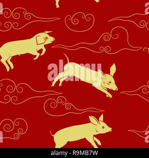 Schweine und Wolken rot und gold nahtlose Muster chinesisches Neujahr 2019 Vector Illustration. Stock Vektor