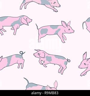 Rosa gefleckte kleine lustige Schweine nahtlose Muster Vector Illustration. Stock Vektor
