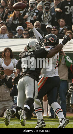 Oakland, Kalifornien, USA. 27 Nov, 2011. Außerhalb der Oakland Raiders linebacker Aaron Curry (51) eilt Chicago Bears quarterback Caleb Hanie (12) am Sonntag, den 27. November 2011, an Oakland-Alameda County Coliseum in Oakland, Kalifornien. Die Räuber besiegt die Bären 25-20. Credit: Al Golub/ZUMA Draht/Alamy leben Nachrichten Stockfoto