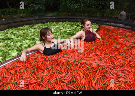 Hangzhou, China. 26. Dezember, 2018. Touristen hot pot und die Federkraft an der hotpot-foermige Feder genießen Sie im Winter in einem Hotel in Hangzhou, China Zhejiang Provinz. Credit: SIPA Asien/ZUMA Draht/Alamy leben Nachrichten Stockfoto