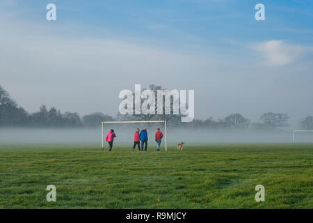 Preston, Lancashire, UK. 26. Dezember 2018. UK Wetter. Es war ein nebliger Start in Boxing Day in Preston's Ashton Park. Der Nebel nicht abschrecken Hund Wanderer obwohl die Sonne und nach und nach begann sich der Nebel zu brennen. Credit: Paul Melling/Alamy leben Nachrichten Stockfoto