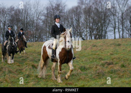 Chorley, Lancashire, UK. 26. Dez. 2018. Boxing Day Jagd bei Rivington. Pferde und Hunde zurück zu Rivington für traditionelle Holcombe Hunt's Boxing Day treffen. Hunderte von Zuschauern versammelt ist, um die Fahrt zu unterstützen, da sie für eine 3-stündige Fahrt nach der Klang des Horns. Die Jagd mit Hunden leben Steinbruch wurde 2004 verboten, nachdem der Sprecher des Unterhauses des Parlaments Handeln aufgerufen, die Gesetzgebung durch zu zwingen. Die holcombe Jagd hält trifft in der gesamten, Lancashire, aber ihre Boxing Day sammeln ist traditionell Rivington statt. Credit: MediaWorldImages/Alamy Live Ne Stockfoto