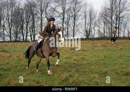 Chorley, Lancashire, UK. 26. Dez. 2018. Boxing Day Jagd bei Rivington. Pferde und Hunde zurück zu Rivington für traditionelle Holcombe Hunt's Boxing Day treffen. Hunderte von Zuschauern versammelt ist, um die Fahrt zu unterstützen, da sie für eine 3-stündige Fahrt nach der Klang des Horns. Die Jagd mit Hunden leben Steinbruch wurde 2004 verboten, nachdem der Sprecher des Unterhauses des Parlaments Handeln aufgerufen, die Gesetzgebung durch zu zwingen. Die holcombe Jagd hält trifft in der gesamten, Lancashire, aber ihre Boxing Day sammeln ist traditionell Rivington statt. Credit: MediaWorldImages/Alamy Live Ne Stockfoto