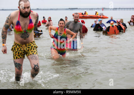 Southend On Sea, Großbritannien. 26 Dez, 2018. Schwimmer, viele in Fancy Dress, Teil in der Boxing Day charity Schwimmen im 5-6 C Wasser aus Southend, Geld für die rnli Nächstenliebe. Penelope Barritt/Alamy leben Nachrichten Stockfoto