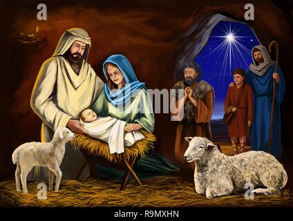 Weihnachtsgeschichte. Weihnachten, Maria, Josef und das Kind Jesus, Sohn Gottes, Symbol des Christentums art Illustration Hand gezeichnet gemalt Stockfoto