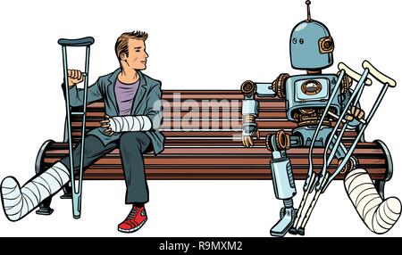 Ein Roboter und ein Mann mit gebrochenen Beinen mit Krücken und in einem Guss. Medizin und Gesundheit. Pop Art retro Vektor Illustration kitsch Vintage Stock Vektor