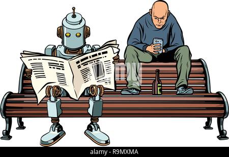 Der Roboter liest die Zeitung am Morgen, einen betrunkenen Mann neben sitzt. Pop Art retro Vektor Illustration kitsch Vintage Stock Vektor
