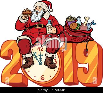 Hungrig Santa Claus Essen, neues Jahr 2019. Pop Art retro Vektor Illustration kitsch Vintage Stock Vektor