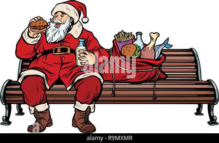 Santa Claus hungrig Essen auf einer Parkbank. Pop Art retro Vektor Illustration kitsch Vintage Stock Vektor