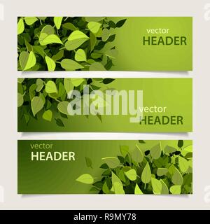 Satz von Green Header mit Blättern und Banner, Vektor, Abbildung Stock Vektor