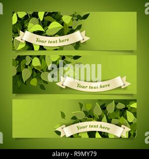 Satz von Green Header mit Blättern und Banner, Vektor, Abbildung Stock Vektor