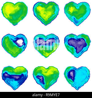 Satz von neun bunten Herzen. Digitale Aquarelle auf weißem Papier. Grün, Blau und Gelb. Grafik Ressource für Designer. Stockfoto