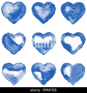 Satz von neun bunten Herzen. Digitale Aquarelle auf weißem Papier. Hellblau und Weiß. Grafik Ressource für Designer. Stockfoto