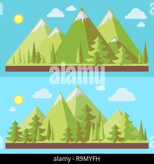 Berglandschaften mit Pinien im flachen Stil, eco Szenen, Vektor, Abbildung Stock Vektor