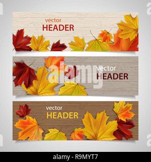 Satz von Herbst Banner mit Blätter auf Holz- Oberfläche Stock Vektor