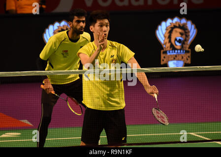 Hyderabad, Indien. 25 Dez, 2018. Die Spieler sind in Hyderabad Hunter vs Chennai Smashers Eröffnung Riegel in Vodafone Premier Badminton Liga 4 an Indoor Stadium Gachibowli Hyderabad. Credit: Varun Kumar Mukhia/Pacific Press/Alamy leben Nachrichten Stockfoto