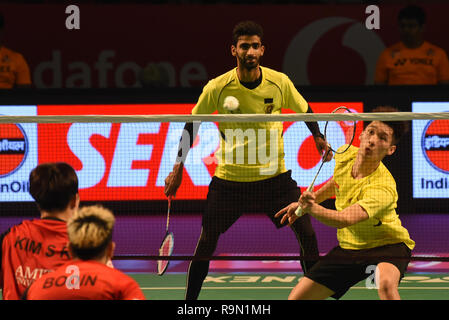 Hyderabad, Indien. 25 Dez, 2018. Die Spieler sind in Hyderabad Hunter vs Chennai Smashers Eröffnung Riegel in Vodafone Premier Badminton Liga 4 an Indoor Stadium Gachibowli Hyderabad. Credit: Varun Kumar Mukhia/Pacific Press/Alamy leben Nachrichten Stockfoto