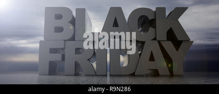 Schwarzer Freitag verkauf Konzept. Schwarzer Freitag Text, große Buchstaben, bewölkt dunklen Himmel Hintergrund, Beton Fliesen Pflaster, Banner. 3D-Darstellung Stockfoto