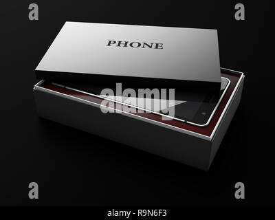 Schwarz eröffnet rechteckige Box mit Handy in 3D-Darstellung. Stockfoto