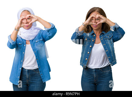 Collage der schönen mittelalterlichen arabischen Frau über isolierte Hintergrund tun Herzform mit Hand und Finger lächelnd durch Zeichen Stockfoto