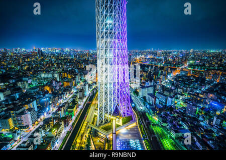 Asien Business Konzept für Immobilien und Corporate Bau - Panoramablick auf die Skyline der Stadt Antenne Nacht Sicht unter Neon Nacht in Koto Bezirk, t Stockfoto