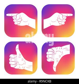 Satz von Symbolen mit den Händen. Neues Design für Anwendungen, Web, soziale Netzwerke. Daumen hoch. Wie. Nicht mögen. Gut. Auf "Ok". Zeigefinger Symbol. Navigation, Dire Stock Vektor