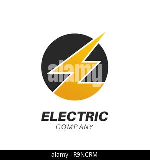 Vorlage für ein Logo der Electric Company, Kundenservice. Der Blitz in einem Kreis symbolisiert Schreiben Е. Vector Illustration. Stock Vektor