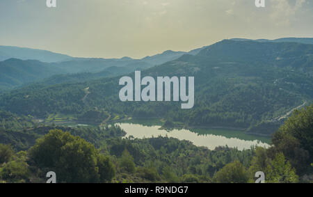 Der Richtung Staudamm unter den Pinien im Troodos-Gebirge, Distrikt Nikosia, Zypern. Stockfoto