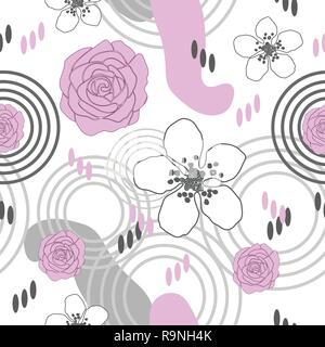 Blumen Delight-Flowers in voller Blüte, nahtlose Muster wiederholen. Rosen und Brombeere Blüten in Rosa Weiß und Grau mit abstrakten Formen. Hintergrund, nahtlose Muster wiederholen. Moderne abstrakte floralen Muster. Abstrakte Fläche Repeat Pattern Design in Pink und Grau. Perfekt für Gewebe, Schrott, Buch, Stock Vektor