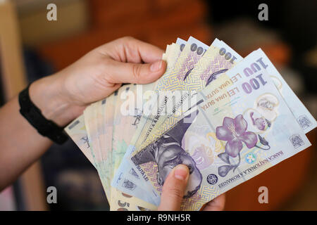 Details mit den Händen einer jungen Dame zählen Banknoten von 50 und 100 Rumänische Lei Währung Stockfoto