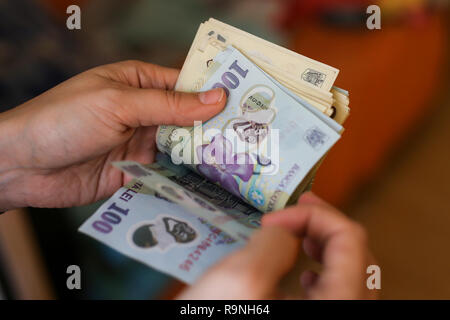 Details mit den Händen einer jungen Dame zählen Banknoten von 50 und 100 Rumänische Lei Währung Stockfoto