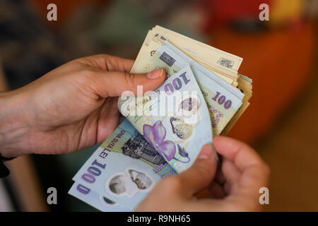 Details mit den Händen einer jungen Dame zählen Banknoten von 50 und 100 Rumänische Lei Währung Stockfoto