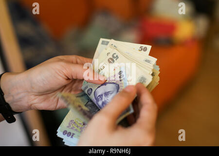 Details mit den Händen einer jungen Dame zählen Banknoten von 50 und 100 Rumänische Lei Währung Stockfoto