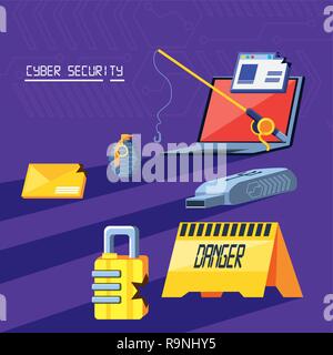 Laptop mit set Symbole Cyber Security Vector Illustration Design Stock Vektor