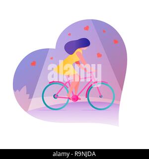 Junge Frau auf dem Fahrrad. Vector Illustration. Für Valentines Tag Einladungen, Karten, Poster, Broschüre oder Banner. Stock Vektor