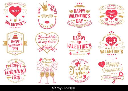 Satz von Happy Valentines Day anmelden. Stempel, Aufkleber, Karte mit Schlüssel, Vogel, Amur, Pfeil, Herzen. Vektor. Vintage Typografie Design für Einladungen, Valentines Tag romantische Feier Emblem im Retro-Stil. Stock Vektor