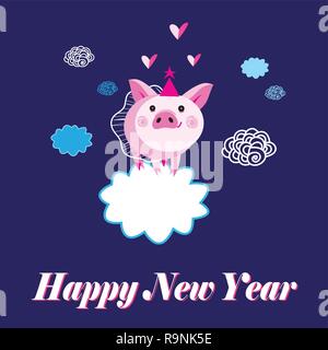 Festliche neues Jahr Grußkarte. Vector pink lustig Schwein. Cute cartoon lustig Charakter. Flache isolierte Design. Stock Vektor