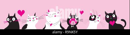 Festliche vektor Grußkarte mit lustigen Katzen in Liebe auf einem rosa Hintergrund. Flache cartoon Design für Valentines Tag. Stock Vektor