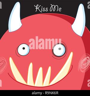 Festliche vektor Grußkarte mit einem Porträt von einem großen roten Monster auf einem dunklen Hintergrund. Flache cartoon Design. Stock Vektor