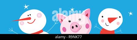 Festliche Weihnachten Banner mit einem rosa Vektor lustige Schwein und Schneemänner auf blauem Hintergrund. Flaches Design Icons. Stock Vektor