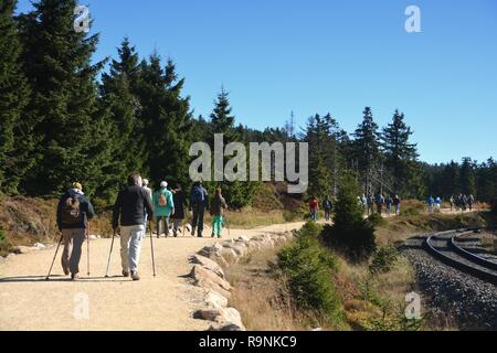 Wanderer auf dem Weg zum Gipfel des Brocken im Nationalpark Harz Stockfoto