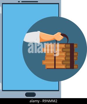 Smartphone mit Lieferung essen App mit Hand lifting Boxen Vector Illustration Stock Vektor