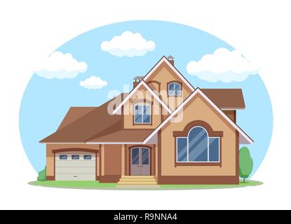 Cartoon Haus außen mit blauen bewölkten Himmel Front Home Architektur Konzept flache Design Stil. Vector Illustration der Fassade Gebäude Stock Vektor