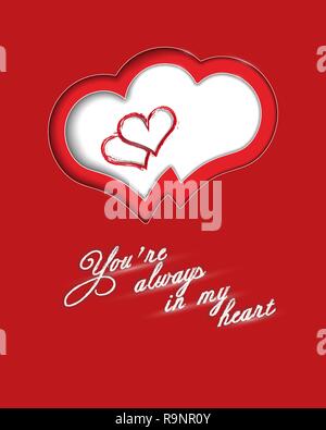 Eine Grußkarte mit der Aufschrift sie immer in meinem Herzen hell rot mit Herzen auf eine Karte mit einem realistischen Schatten geschnitzt. Stock Vektor