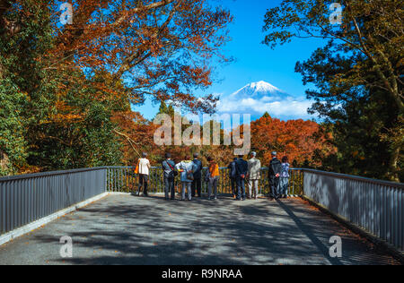 Reisende auf der Suche Mt. Fuji und bunten Herbst Blatt an Shiraito fällt in Fujinomiya, Shizuoka, Japan. Stockfoto