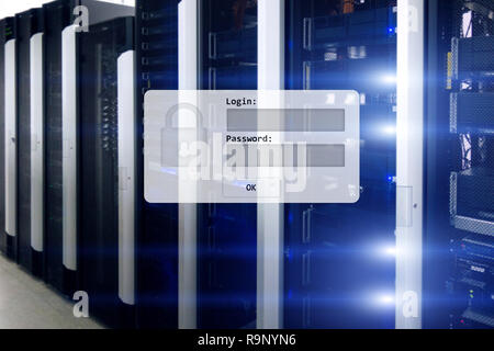 Serverraum, Login und Passwort anfordern, den Zugriff auf diese Daten und die Sicherheit. Stockfoto