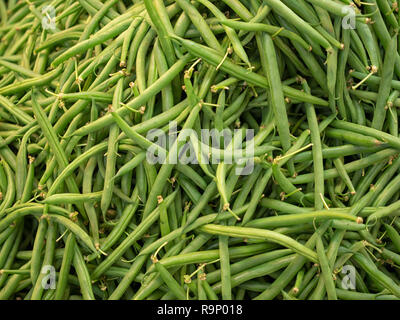 Frische französische Bohnen auf einem Lebensmittelmarkt Stockfoto
