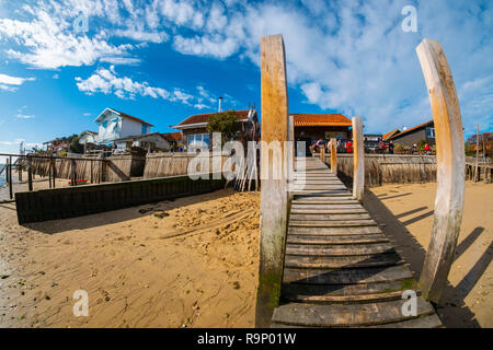 Strand. Die austernzucht, Bucht von Arcachon. Bassin d'Arcachon. Lège-Cap-Ferret, Gironde. Region Aquitanien. Frankreich Europa. Stockfoto