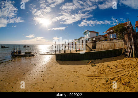 Strand. Die austernzucht, Bucht von Arcachon. Bassin d'Arcachon. Lège-Cap-Ferret, Gironde. Region Aquitanien. Frankreich Europa. Stockfoto