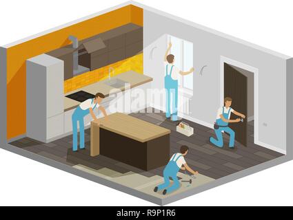 Home Reparatur, Renovierung Innenraum. Erbauer Menschen arbeiten in einem Team, isometrische Vector Illustration Stock Vektor